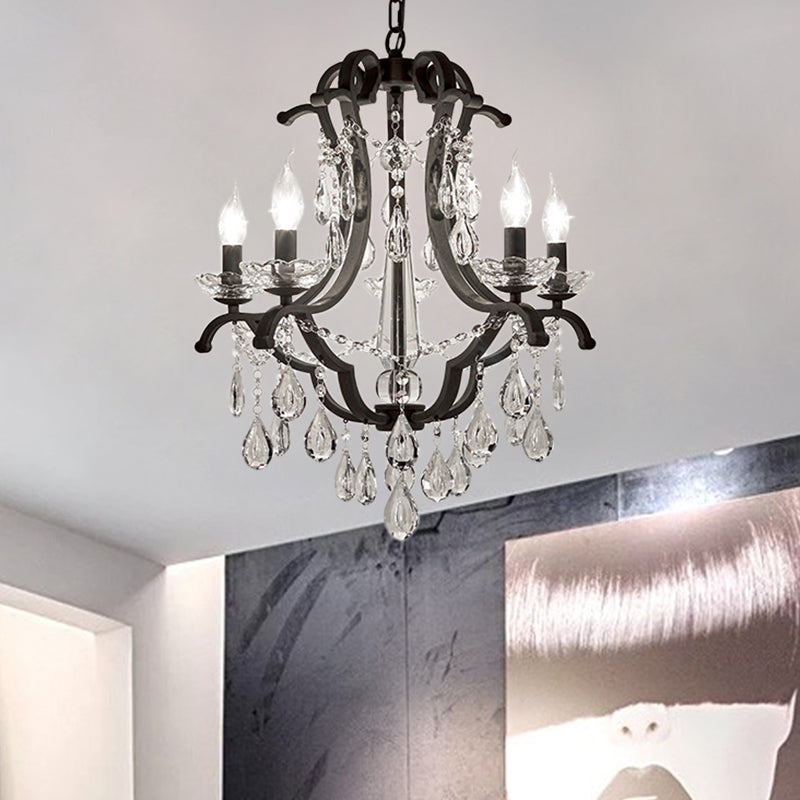 Industrial Clear Crystal Pendant Light with Flameless Candle Hanging Design - 5/6 Bulbs, Black - Ideal for Bedroom