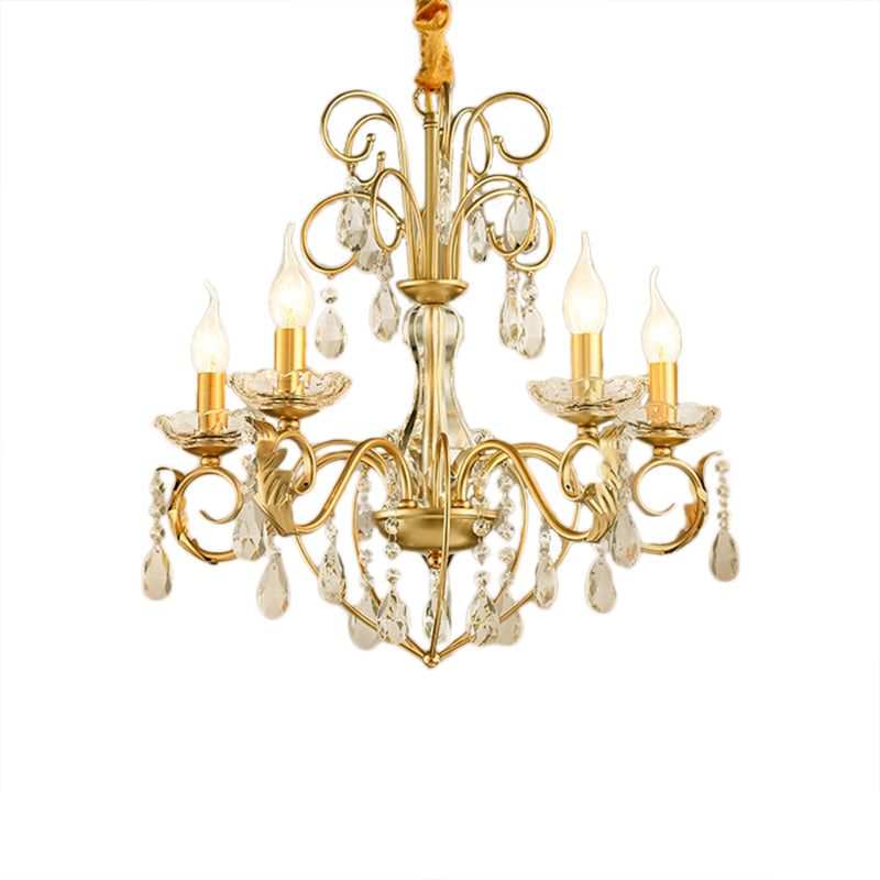 Vintage Style Gold Candle Hanging Lamp With Crystal Accents - Height Adjustable Chandelier Pendant