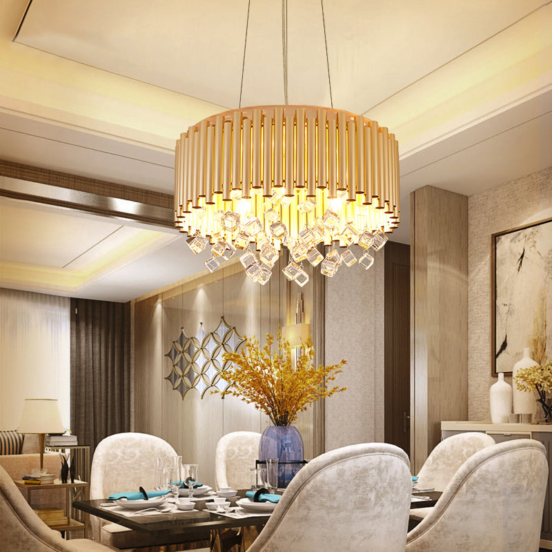 Modern Metal Chandelier Drum Pendant Light With Crystal Accent - Gold 4/5-Light 16/19.5 Width