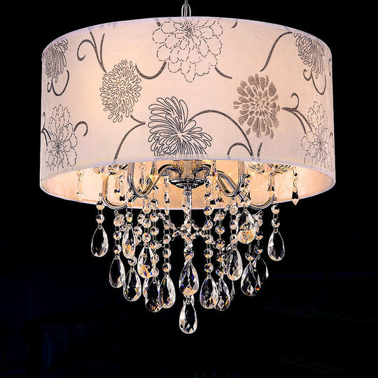 Modern Drum Chandelier - White Fabric 5 Lights Flower Pattern Clear Crystal Bead