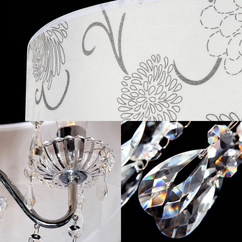Modern Drum Chandelier - White Fabric 5 Lights Flower Pattern Clear Crystal Bead