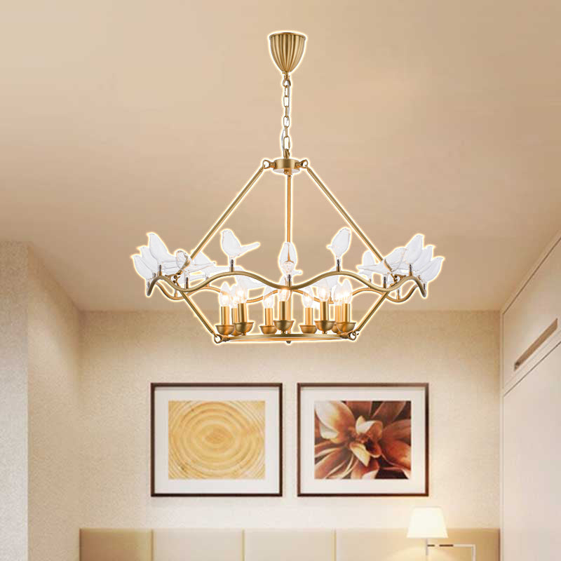 Postmodern Iron Candle Chandelier With Clear Glass Birds - 6/9-Head Gold Ceiling Fixture For Living
