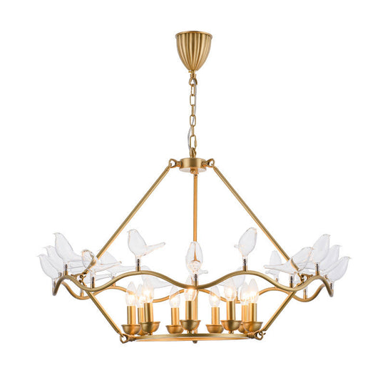 Postmodern Iron Candle Chandelier With Clear Glass Birds - 6/9-Head Gold Ceiling Fixture For Living