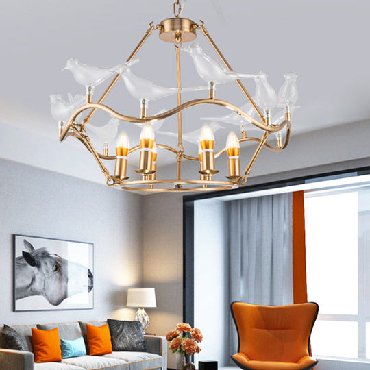 Modern Iron Candle Chandelier Ceiling Fixture in Gold with Clear Glass Birds - 6/9-Head for Living Room
