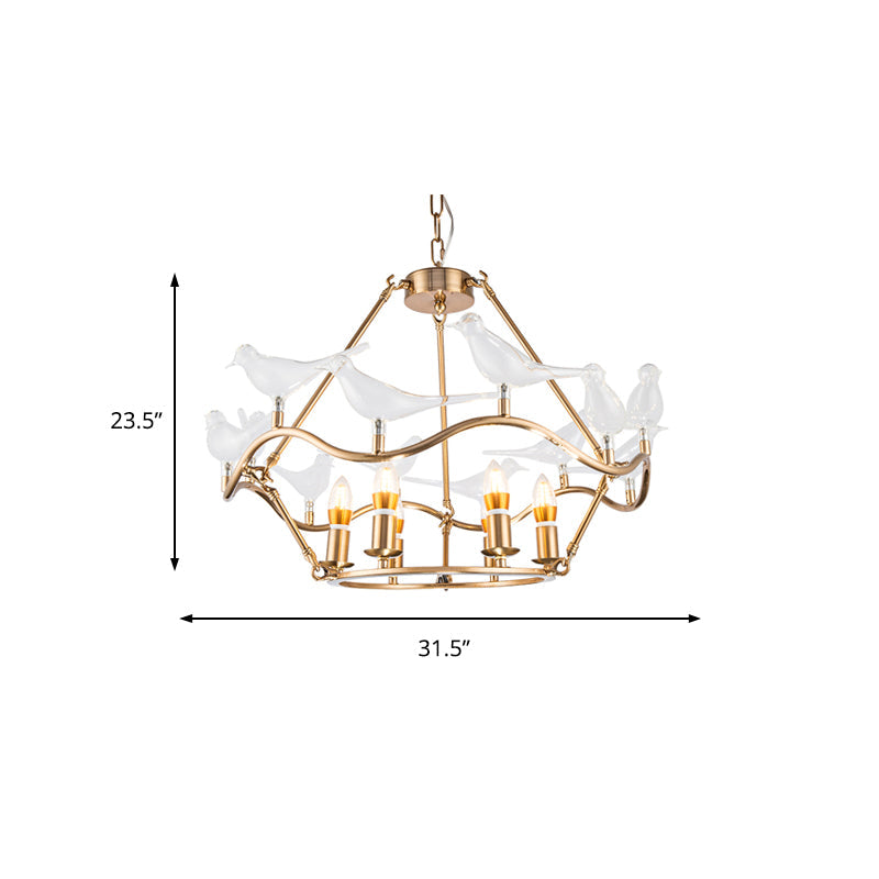 Modern Iron Candle Chandelier Ceiling Fixture in Gold with Clear Glass Birds - 6/9-Head for Living Room