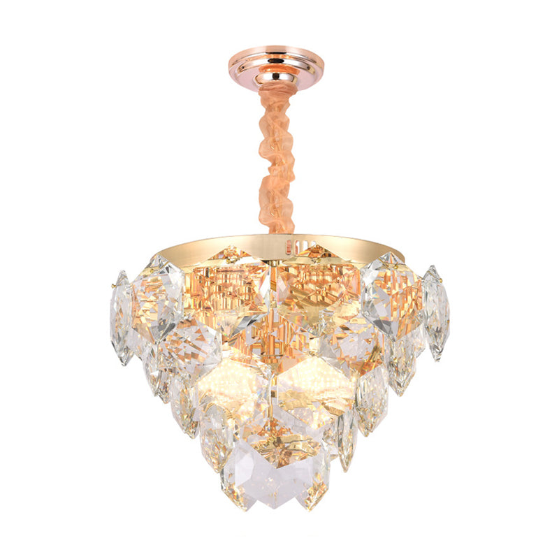 Modern Gold 14-Light Pendant Lamp: Multi-Layered Ceiling Fixture With Faceted Crystals Ideal For