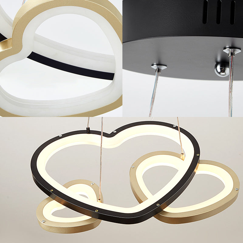 Modern Acrylic Heart-Shaped Chandelier Pendant Light - Black & Gold - 3-Head LED Hanging Lamp