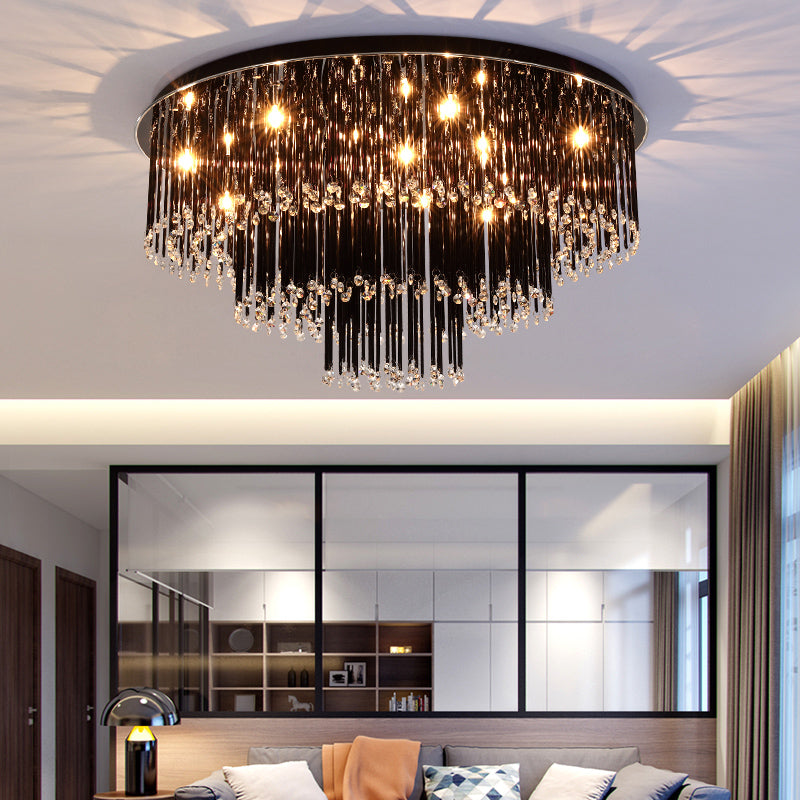 Modern Black Crystal Flush Mount Chandelier Tiered Design 8/10 Bulbs For Bedroom / 23.5