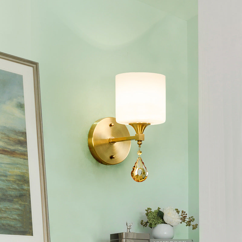 Nordic Style Frosted Glass Wall Lamp With Amber Crystal Drop In Brass 1 /