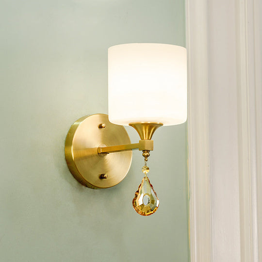 Nordic Style Frosted Glass Wall Lamp With Amber Crystal Drop In Brass