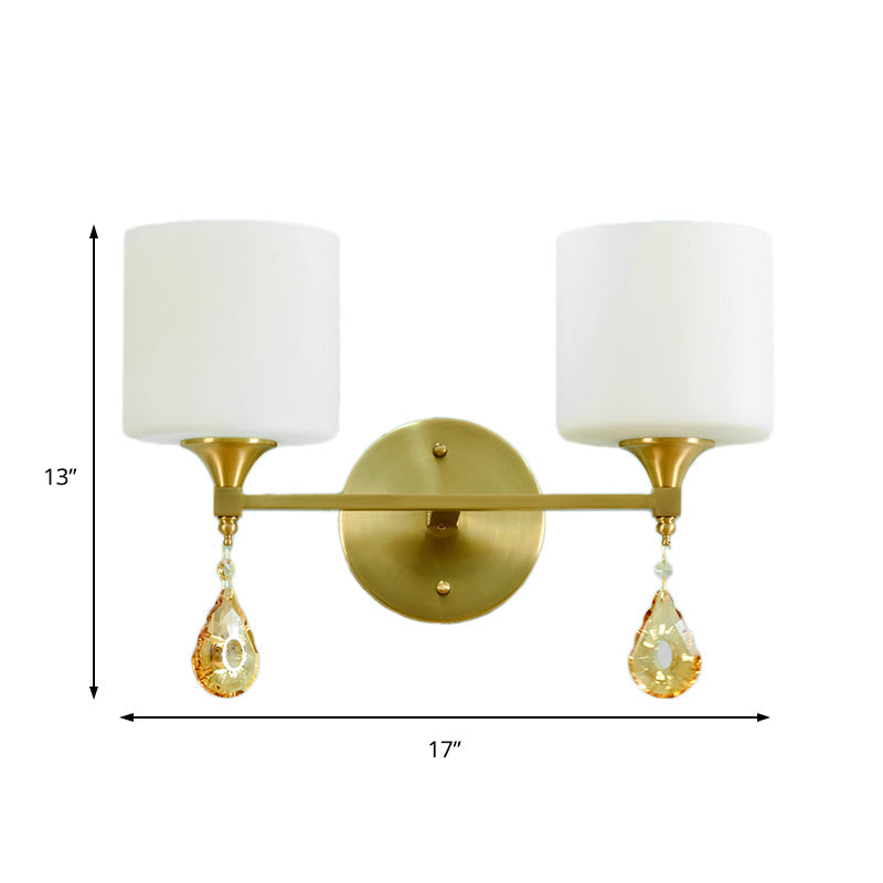 Nordic Style Frosted Glass Wall Lamp With Amber Crystal Drop In Brass
