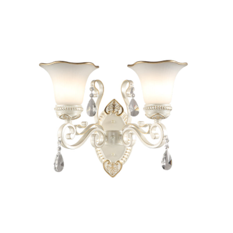 Vintage Milk Glass Petal Sconce Light Wall Mounted With Clear Crystal Accent In White - Perfect For