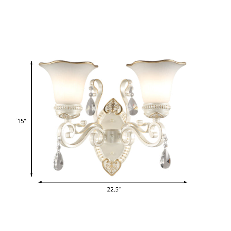 Vintage Milk Glass Petal Sconce Light Wall Mounted With Clear Crystal Accent In White - Perfect For