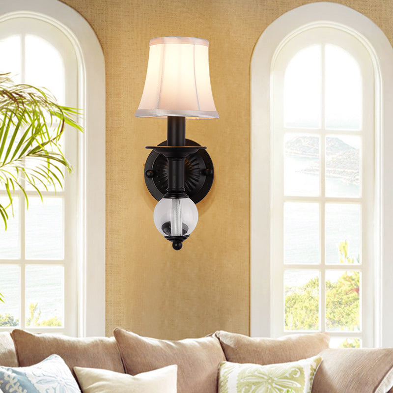 Contemporary White Fabric Bell Wall Sconce: 1 Light Crystal Ball Lamp Black