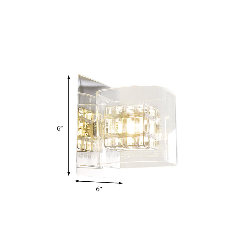 Contemporary Clear Glass Wall Sconce With Chrome Inner Wire Shade - Ideal For Corridors 1 Light Lamp