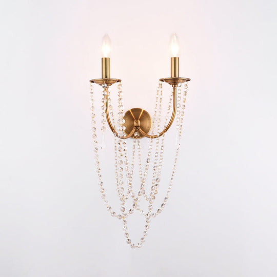 French Country Gold Wall Sconce With Crystal Bead Strand - 2 Light Fixture