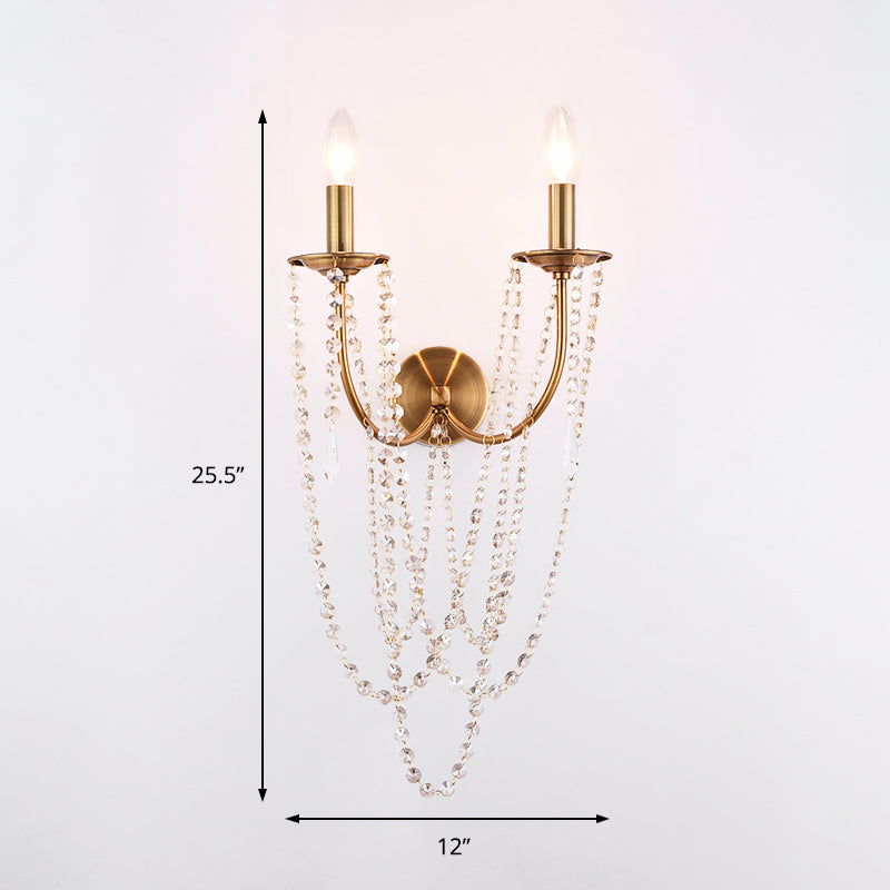French Country Gold Wall Sconce With Crystal Bead Strand - 2 Light Fixture
