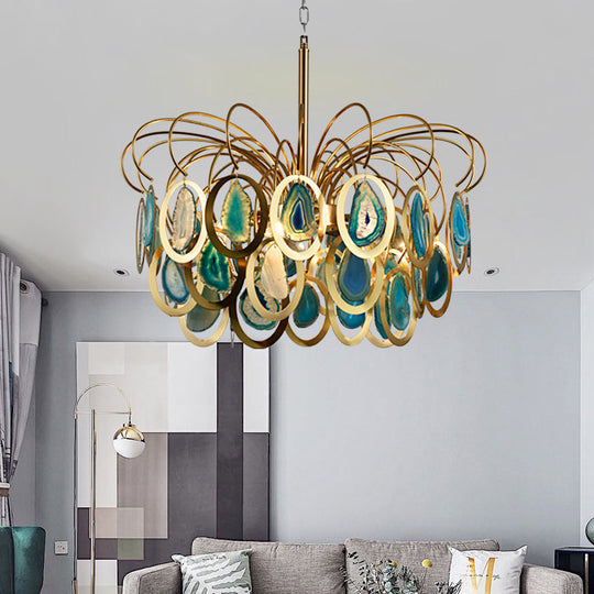 Modern Green Peacock Feather Chandelier - 5-Head Iron Ceiling Pendant with Agate Accents