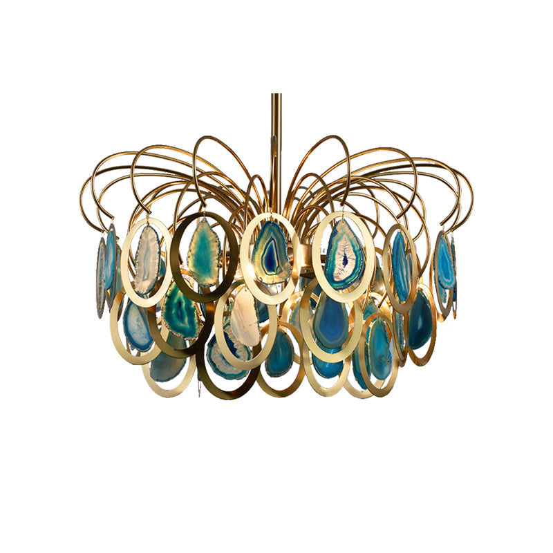 Modern Peacock Feather Chandelier With Agates - 5-Head Iron Pendant Light