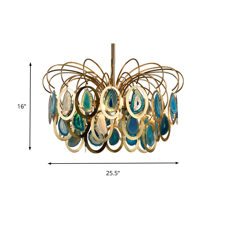 Modern Green Peacock Feather Chandelier - 5-Head Iron Ceiling Pendant with Agate Accents