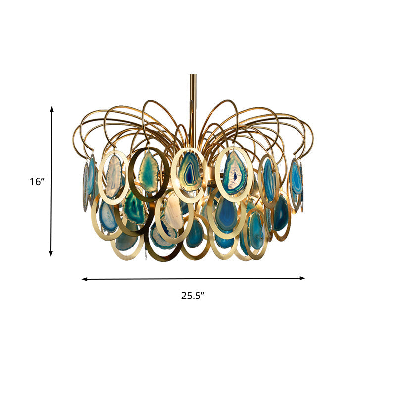 Modern Peacock Feather Chandelier With Agates - 5-Head Iron Pendant Light