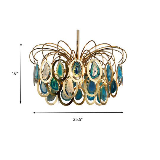 Modern Peacock Feather Chandelier With Agates - 5-Head Iron Pendant Light