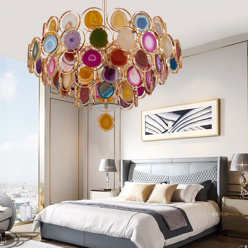 Modern Gold Metal Chandelier Light With Colorful Agates - 5-Tiered Ceiling Pendant 12-Light Design