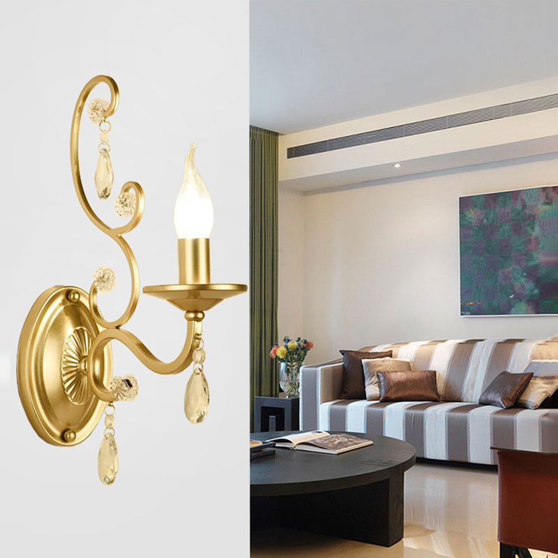 Contemporary Crystal Wall Sconce With Curved Arm And Brass Finish 1 / Shadeless