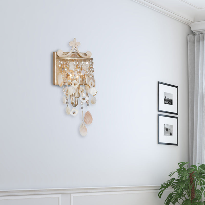 Modern Linear Wall Mount Lamp With Pearl Deco In Gold Shell And Crystal Sconce Light Fixture
