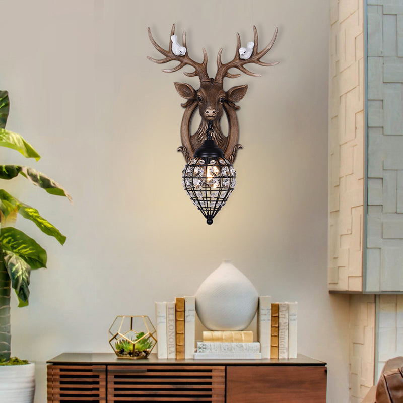 Deer Head Wall Lamp: Countryside Resin Sconce With Lantern Crystal Shade In White/Brown Brown / A