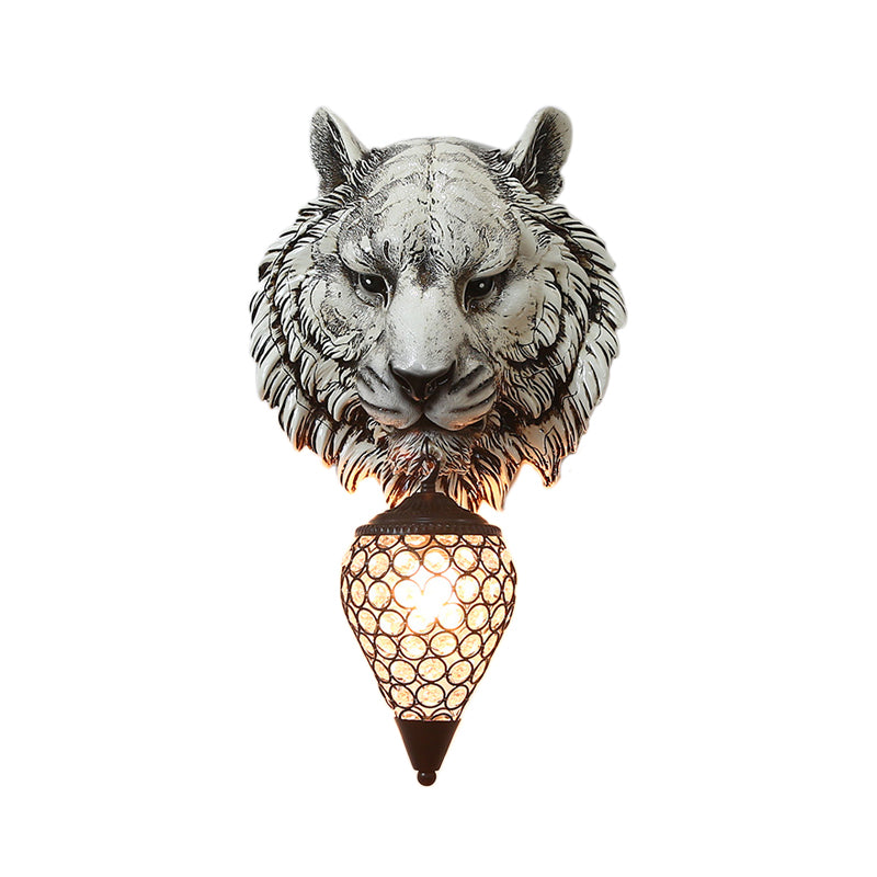 Country Style Tiger Sconce Wall Lamp For Childrens Room - Yellow/Gray Resin With Clear Crystal Shade