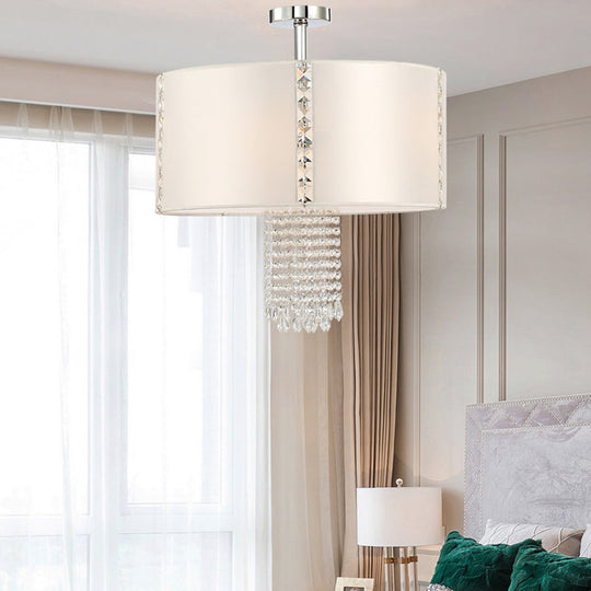 Modern 5-Light Chandelier: White Round Drop Pendant With Fabric Shade And Crystal Beads