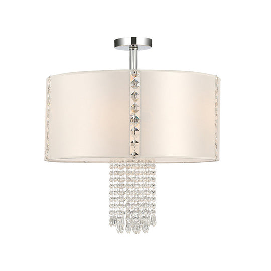 Modern 5-Light Chandelier: White Round Drop Pendant With Fabric Shade And Crystal Beads