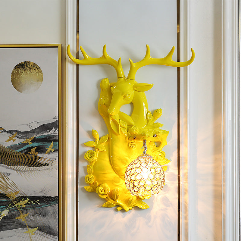 Loft Style Wall Mounted Sconce With Clear Crystal Shade Blue/Gold Finish And Deer Head Accent Yellow