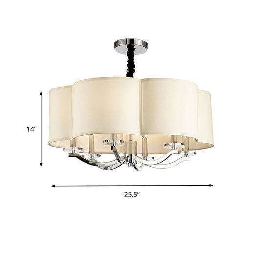 Sleek Metal Drum Bedroom Chandelier - 6 Lights With Crystal Lamp Stand And Fabric Shade