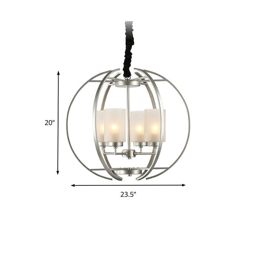 Contemporary Frosted Glass Cylinder Pendant Light With 4-Head White Up Chandelier And Sphere Frame