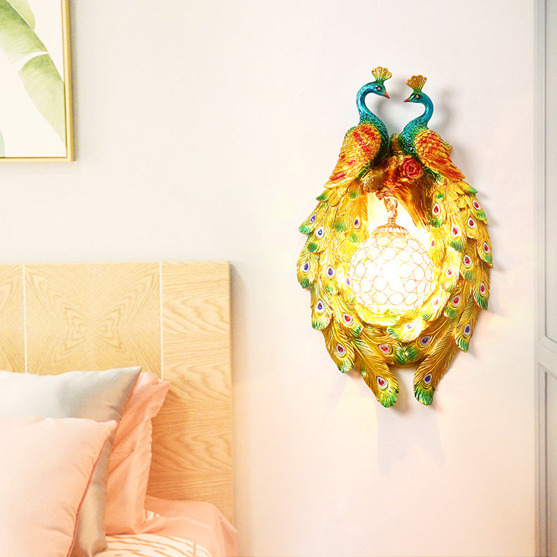 Country Style Peacock Wall Sconce With Crystal Shade For Bedroom - Yellow Resin 1-Light Lamp