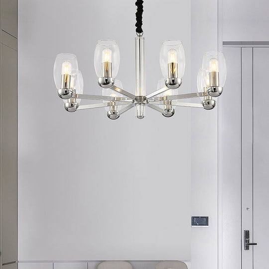 Modern 6-Head Clear Glass Candle Chandelier: Chrome Ceiling Pendant Fixture with Adjustable Chain