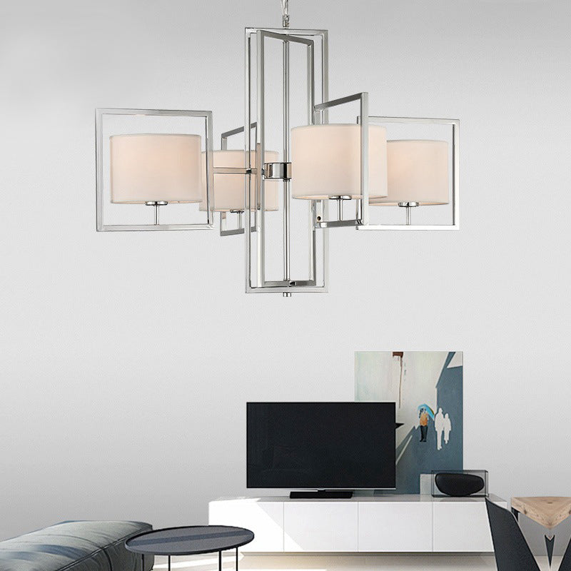 Modern Chrome Chandelier With Barrel Fabric Shade - 4-Light Pendant For Living Room