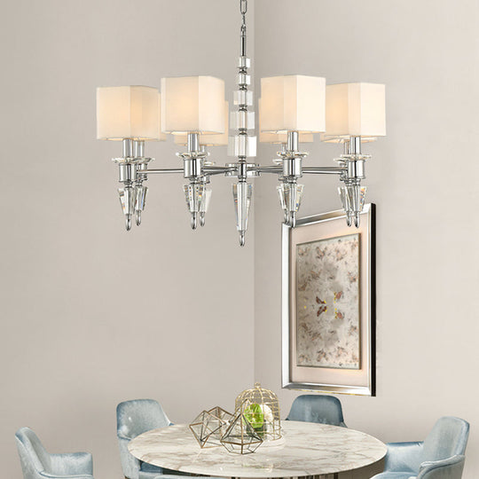 Modern Iron Cube Ceiling Pendant with 6 Lights & Fabric Shade - Chrome Hanging Chandelier Fixture