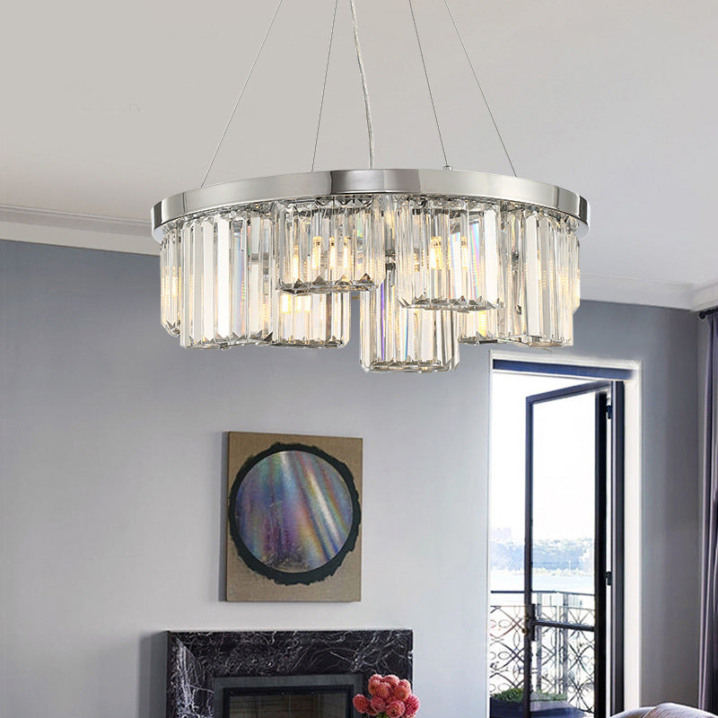 Round Crystal Chandelier with 10 Lights - Elegant Chrome Pendant for Living Room Ceiling