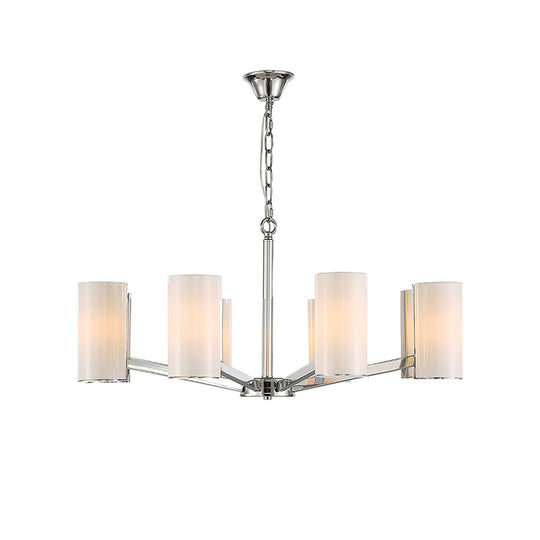 Contemporary White Glass Cylindrical Chandelier - 8-Light Silver Ceiling Pendant Lamp with Adjustable Chain