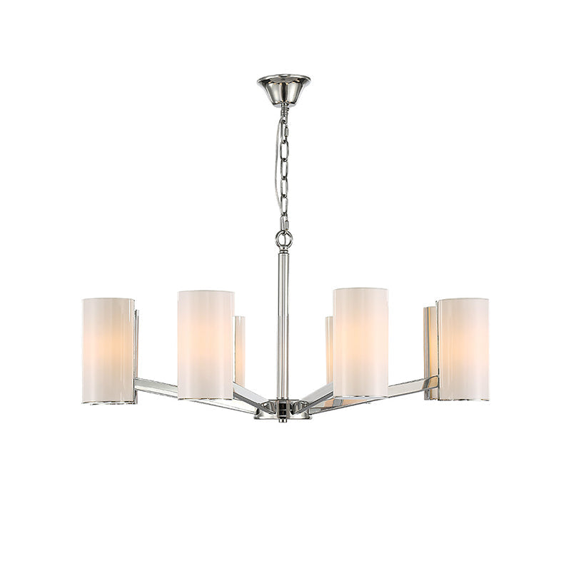 Contemporary White Glass Cylindrical Chandelier - 8-Light Silver Pendant Lamp With Adjustable Chain