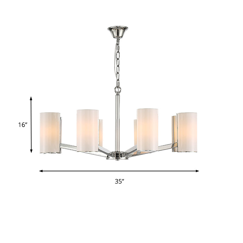 Contemporary White Glass Cylindrical Chandelier - 8-Light Silver Ceiling Pendant Lamp with Adjustable Chain