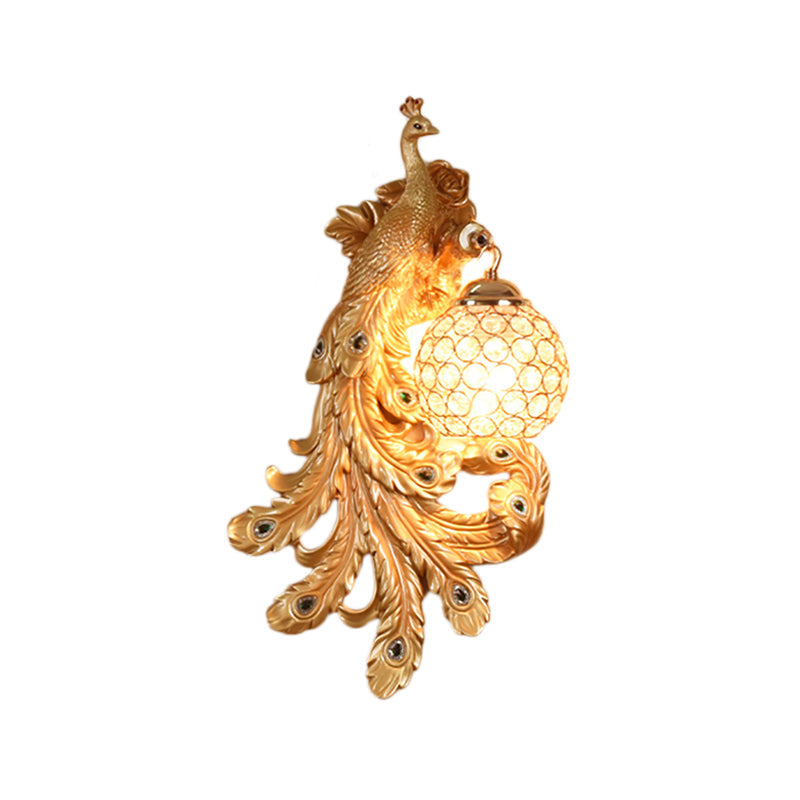 Blue/Gold Peacock Wall Lamp - Country Resin Sconce Lighting With Crystal Globe Shade (1/2-Pack)