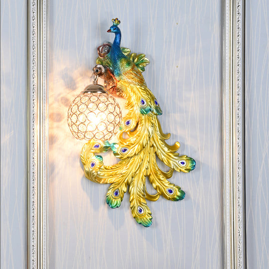 Blue/Gold Peacock Wall Lamp - Country Resin Sconce Lighting With Crystal Globe Shade (1/2-Pack) Blue