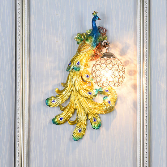 Blue/Gold Peacock Wall Lamp - Country Resin Sconce Lighting With Crystal Globe Shade (1/2-Pack) Blue