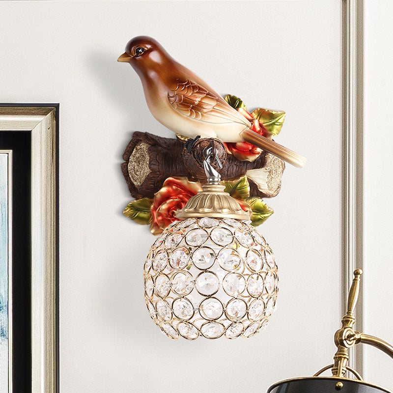 Lodge Style Resin Bird Wall Sconce Light With Crystal Global Shade