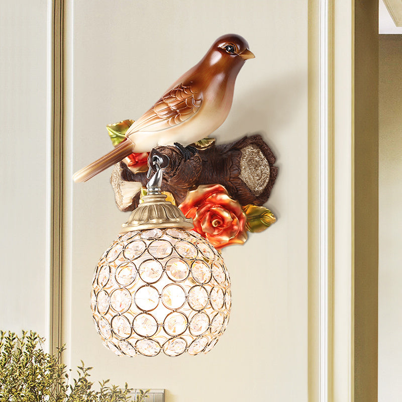 Lodge Style Resin Bird Wall Sconce Light With Crystal Global Shade Brown / Left