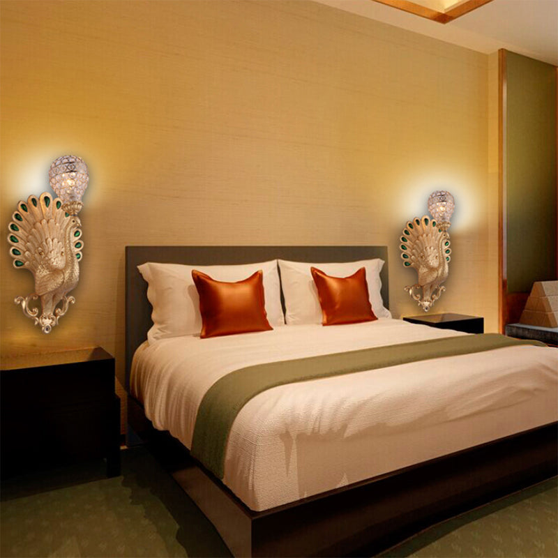 Modern Golden Peacock Wall Sconce With Crystal Bowl Shade Elegant Bedside Lighting Gold